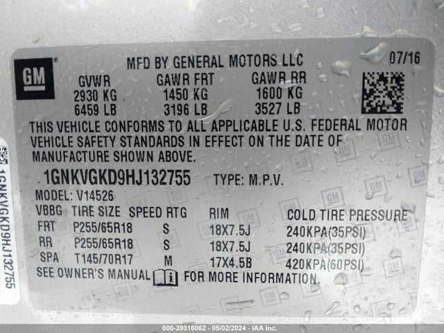 Chevrolet Traverse 1lt 2017 1GNKVGKD9HJ132755 Image 9