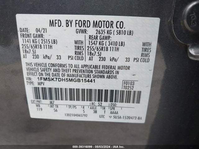 Ford EXPLORER XLT 2021 1FMSK7DH5MGB15441 Image 9
