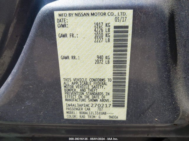 Nissan Altima 2.5 Sv 2017 1N4AL3AP1HC270217 Image 9