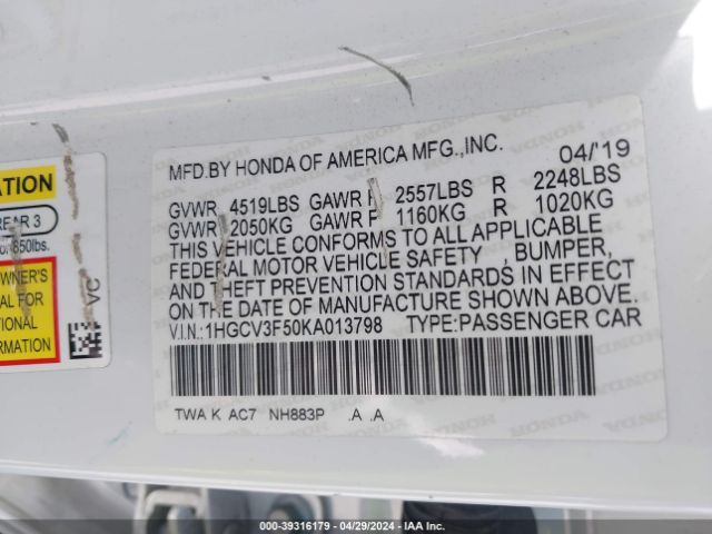 1HGCV3F50KA013798 Honda Accord Hybrid Ex-l
