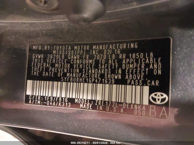 Toyota COROLLA LE 2016 5YFBURHE1GP471639 Image 9