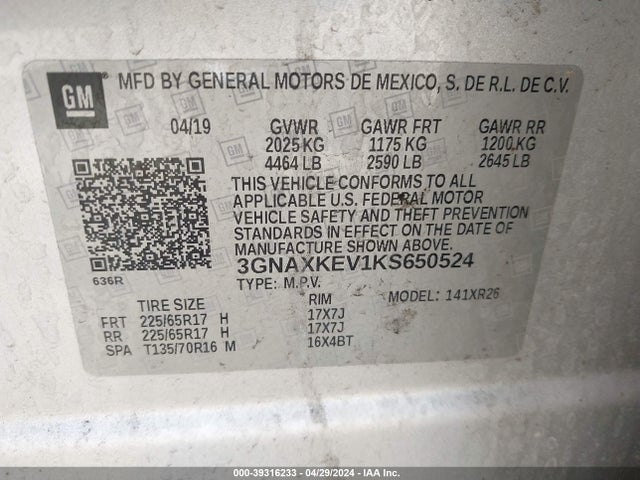 Chevrolet EQUINOX LT 2019 3GNAXKEV1KS650524 Image 9