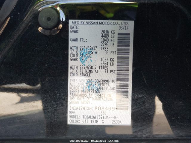 5N1AT2MTXHC808499 Nissan ROGUE SV