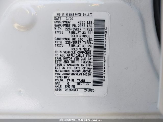 JN8AT2MV7LW144230 Nissan Rogue Sv Intelligent Awd