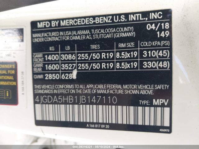 4JGDA5HB1JB147110 Mercedes-Benz Gle 350 4matic