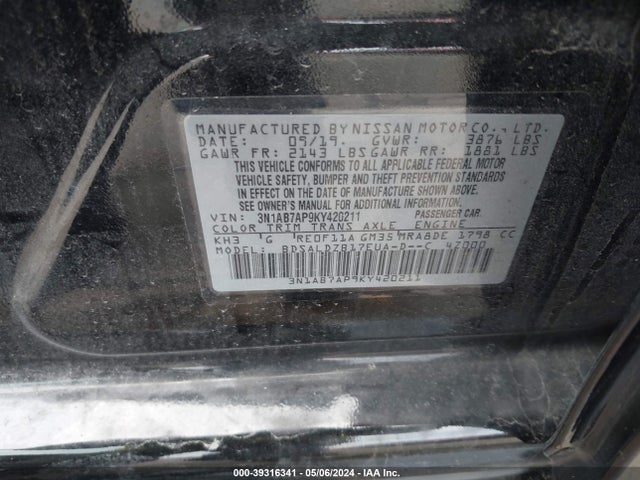 Nissan SENTRA SV 2019 3N1AB7AP9KY420211 Image 9
