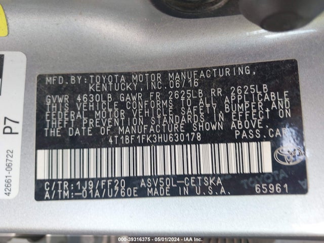 Toyota CAMRY SE 2017 4T1BF1FK3HU630178 Image 9
