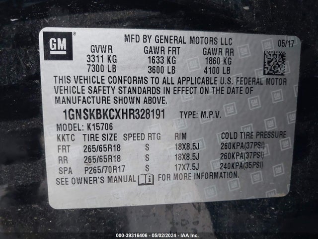 Chevrolet Tahoe Lt 2017 1GNSKBKCXHR328191 Image 9