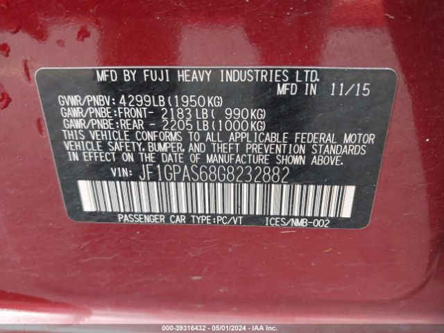 JF1GPAS68G8232882 Subaru Impreza 2.0i Sport Premium