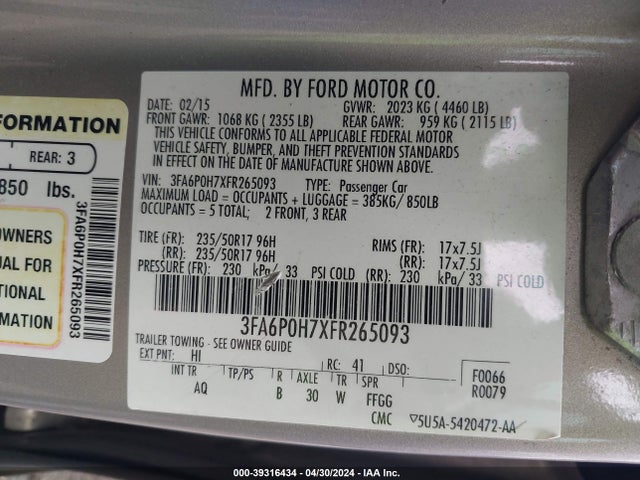 Ford FUSION SE 2015 3FA6P0H7XFR265093 Image 9