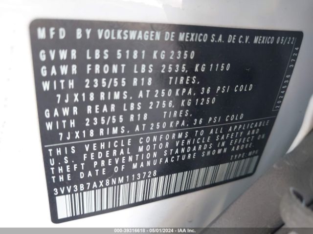 3VV3B7AX8NM113728 Volkswagen Tiguan 2.0t Se