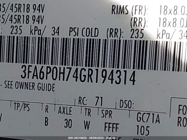 3FA6P0H74GR194314 Ford FUSION SE