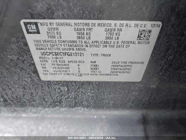 Chevrolet Silverado 1500 1lz 2015 3GCPCSEC3FG218121 Image 9