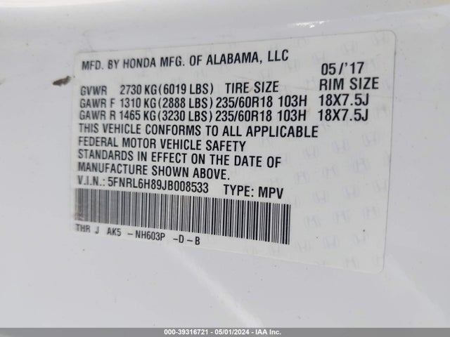 Honda Odyssey Touring 2018 5FNRL6H89JB008533 Image 9