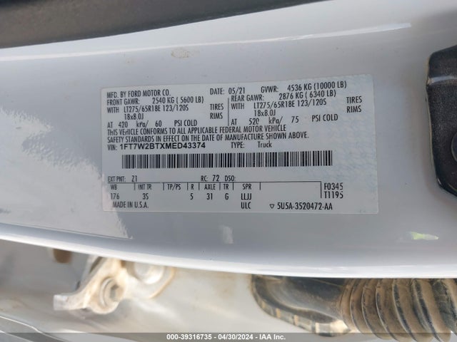 Ford F-250 Xlt 2021 1FT7W2BTXMED43374 Image 9