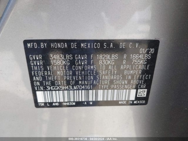 3HGGK5H43LM704161 Honda FIT LX
