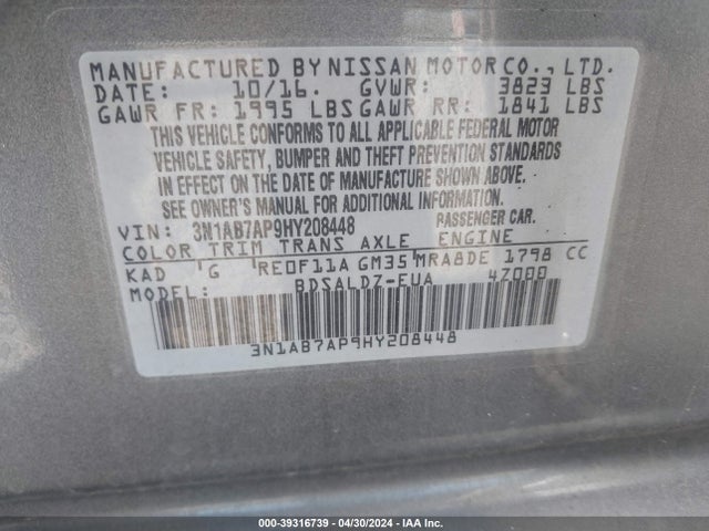 Nissan SENTRA SV 2017 3N1AB7AP9HY208448 Image 9
