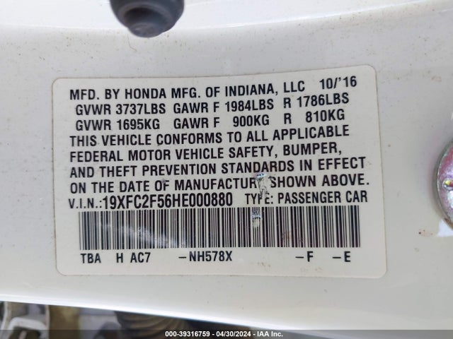 Honda Civic Lx 2017 19XFC2F56HE000880 Image 9