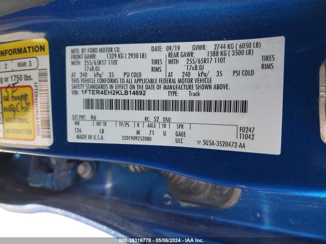 Ford Ranger Xlt 2019 1FTER4EH2KLB14892 Image 9