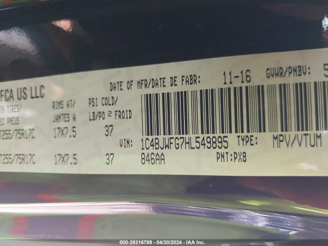1C4BJWFG7HL549895 Jeep Wrangler Unlimited Rubicon
