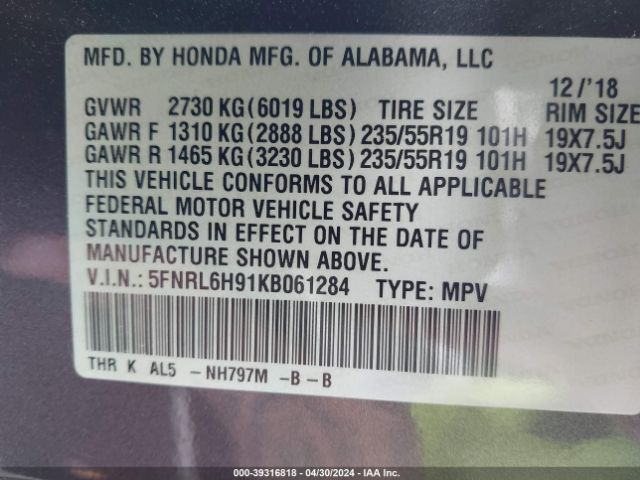 5FNRL6H91KB061284 Honda Odyssey Elite