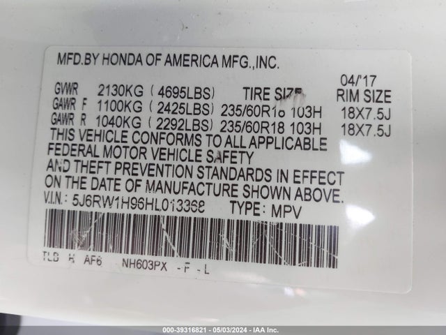 Honda Cr-v Touring 2017 5J6RW1H96HL013368 Image 9
