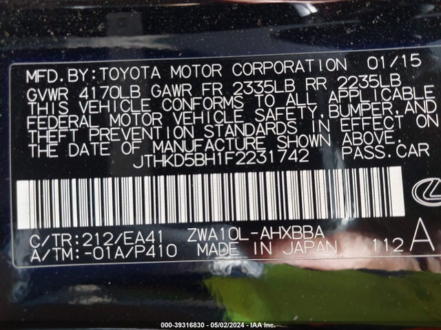 JTHKD5BH1F2231742 Lexus CT 200H