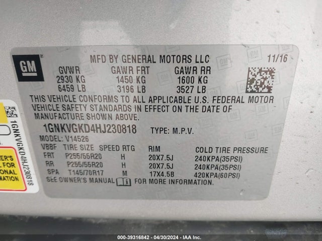 Chevrolet Traverse 1lt 2017 1GNKVGKD4HJ230818 Image 9