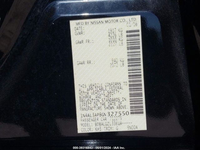 1N4AL3AP8GN327550 Nissan Altima 2.5/2.5 S/2.5 Sl/2.5 Sr/2.5 Sv