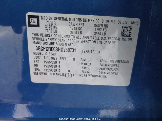 Chevrolet Silverado 1500 1lt 2017 3GCPCREC8HG230731 Image 9