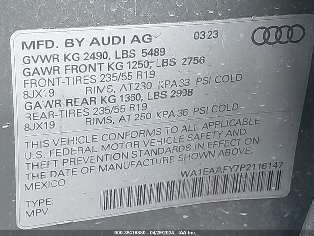 WA1EAAFY7P2116147 Audi Q5 Premium Plus 45 Tfsi S Line Quattro