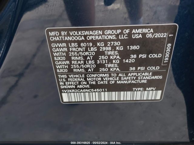1V2KR2CA6NC545011 Volkswagen Atlas 3.6l V6 Se W/technology