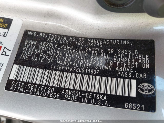 Toyota CAMRY SE 2016 4T1BF1FK7GU511807 Image 9