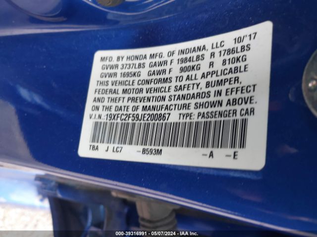 19XFC2F59JE200867 Honda Civic Lx