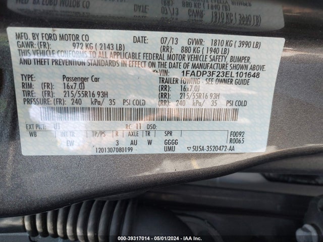 Ford FOCUS SE 2014 1FADP3F23EL101648 Image 9