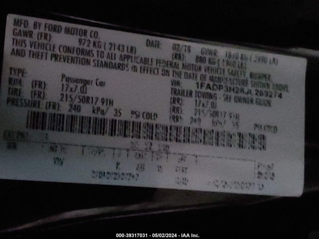 1FADP3H26JL269274 Ford FOCUS SEL