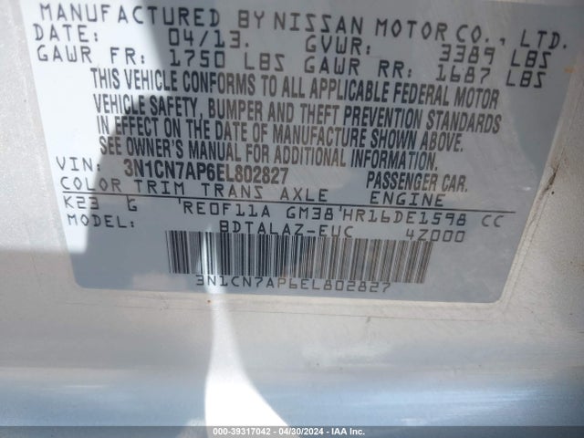 Nissan Versa 1.6 S+ 2014 3N1CN7AP6EL802827 Image 9