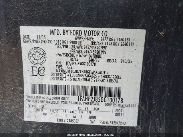 Ford Taurus Limited 2016 1FAHP2J85GG100178 Image 9