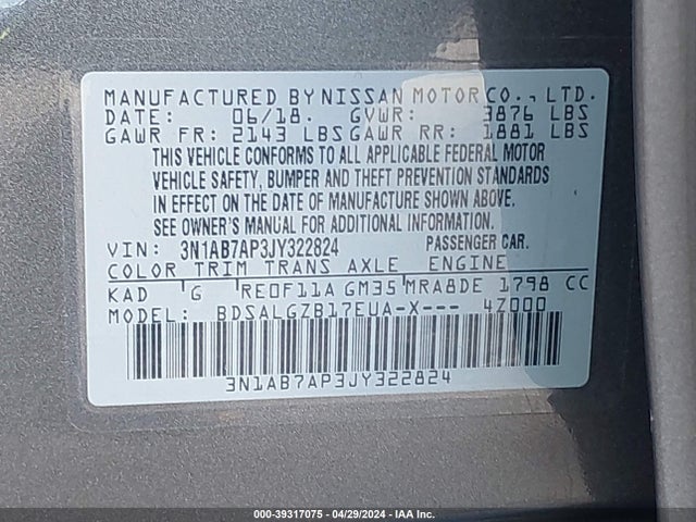 Nissan SENTRA SL 2018 3N1AB7AP3JY322824 Image 9