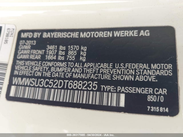 2013 MINI HARDTOP WMWSU3C52DT688235 Photo 8