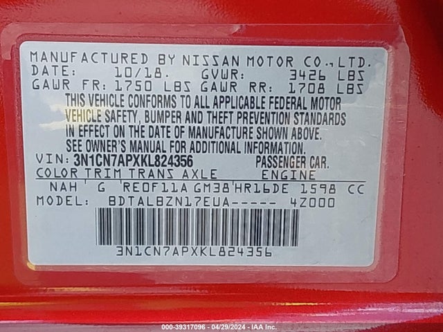 Nissan Versa 1.6 Sv 2019 3N1CN7APXKL824356 Image 9