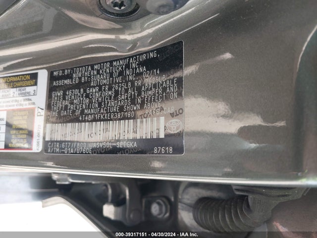 Toyota CAMRY XLE 2014 4T4BF1FKXER387180 Image 9