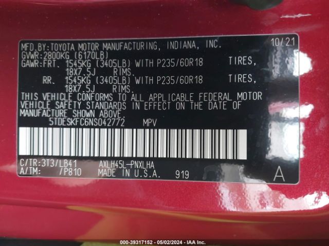 5TDESKFC6NS042772 Toyota Sienna Platinum