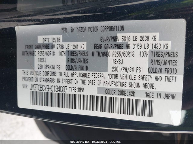 Mazda Cx-9 Touring 2017 JM3TCBCY9H0134087 Image 9