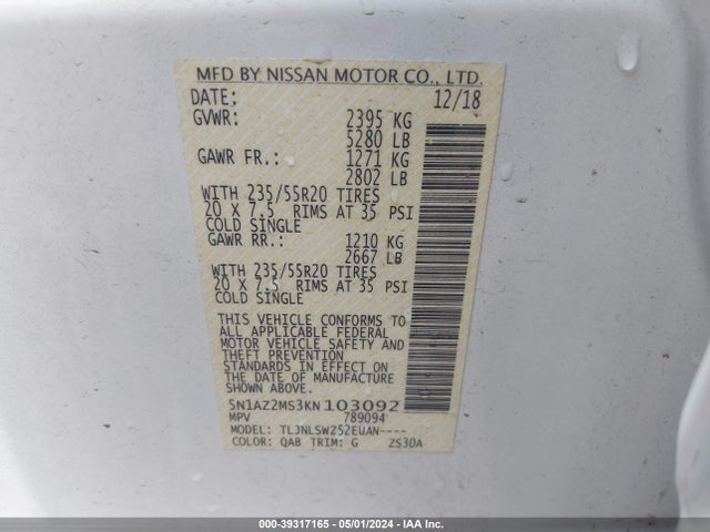 Nissan Murano Platinum 2019 5N1AZ2MS3KN103092 Image 9