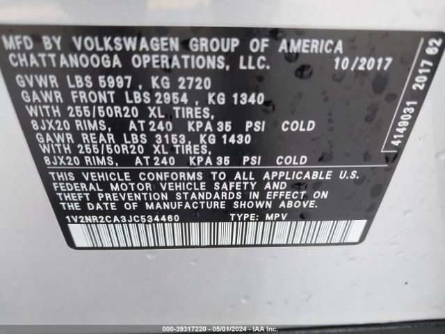 1V2NR2CA3JC534460 Volkswagen Atlas 3.6l V6 Sel Premium