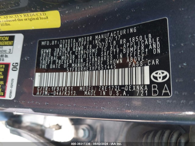 Toyota COROLLA LE 2017 5YFBURHEXHP651445 Image 9