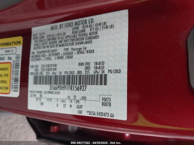 Ford FUSION SE 2015 3FA6P0H91FR156927 Image 9
