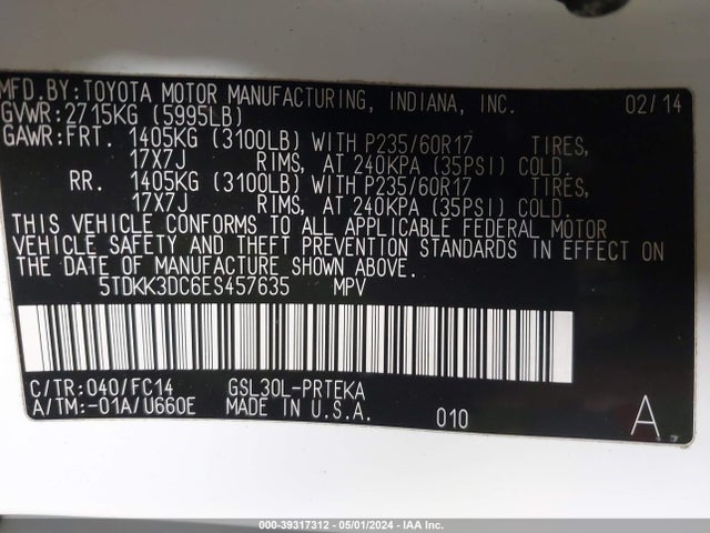 Toyota Sienna Le V6 8 Passenger 2014 5TDKK3DC6ES457635 Image 9