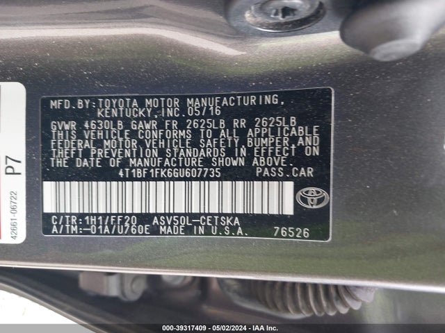 Toyota CAMRY SE 2016 4T1BF1FK6GU607735 Image 9